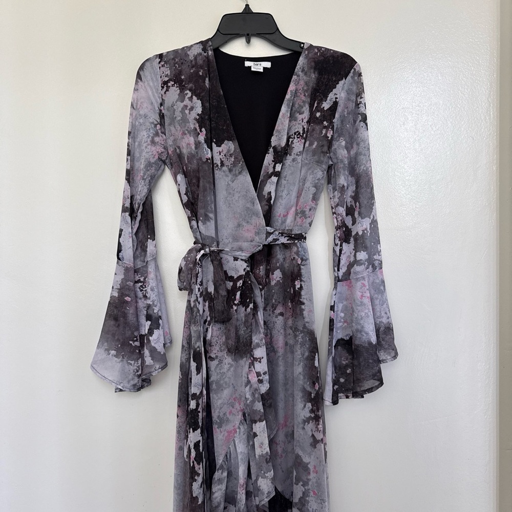 Bar III Black and Pink Abstract Print Wrap Top